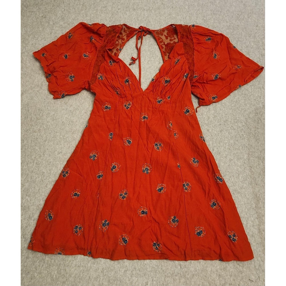 Free People Dress Womens 0 Rust Red Boho Floral Lace Open Back V-Neck Mini Short